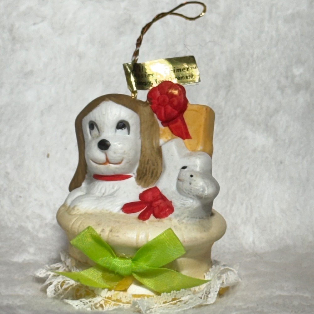 Jasco Lil Bassinet Chimer Puppy Dog Ornament Bisque Porcelain Bell White Brown